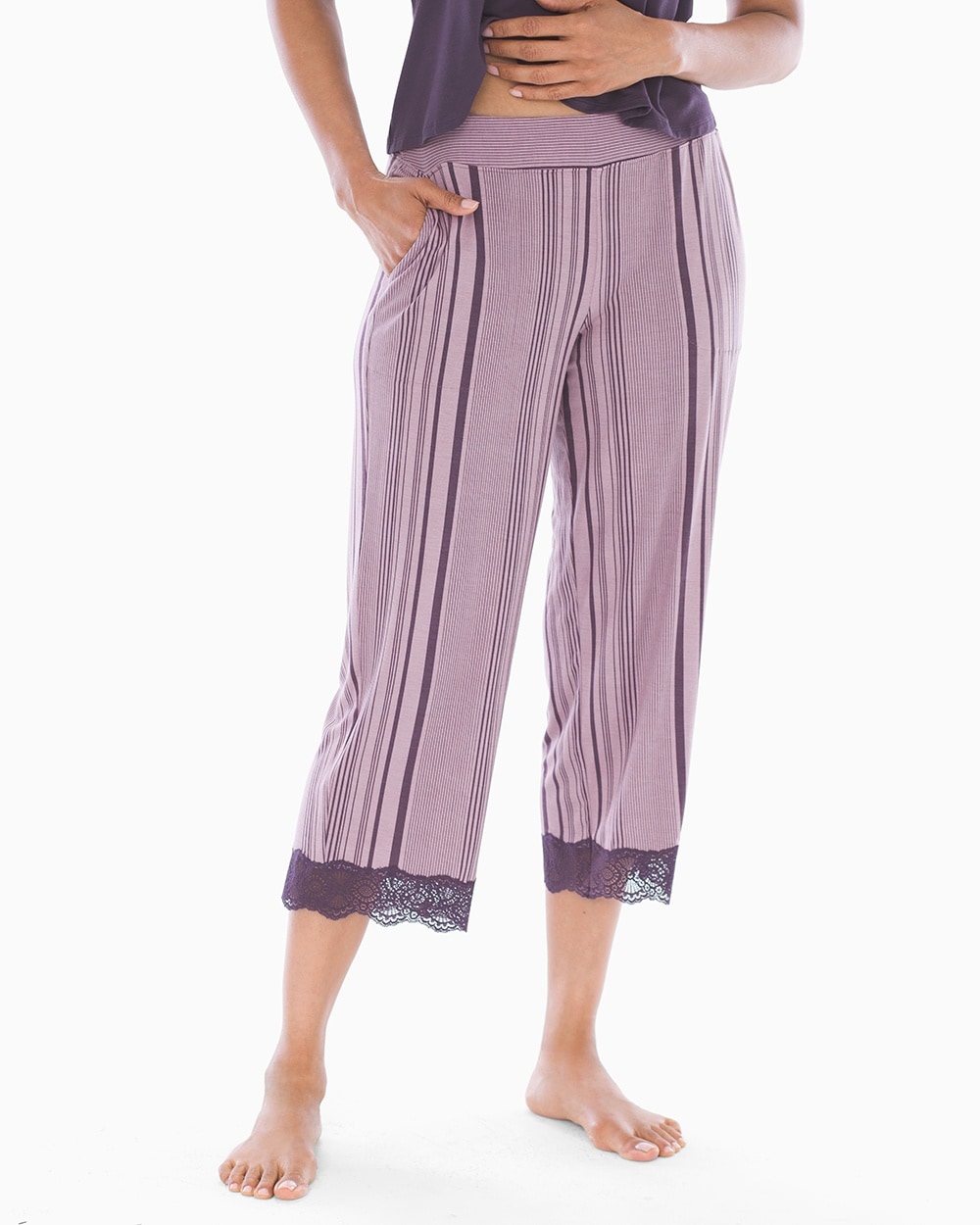 Cool Nights Lace Trim Crop Pajama Pants Harmony Stripe Elderberry