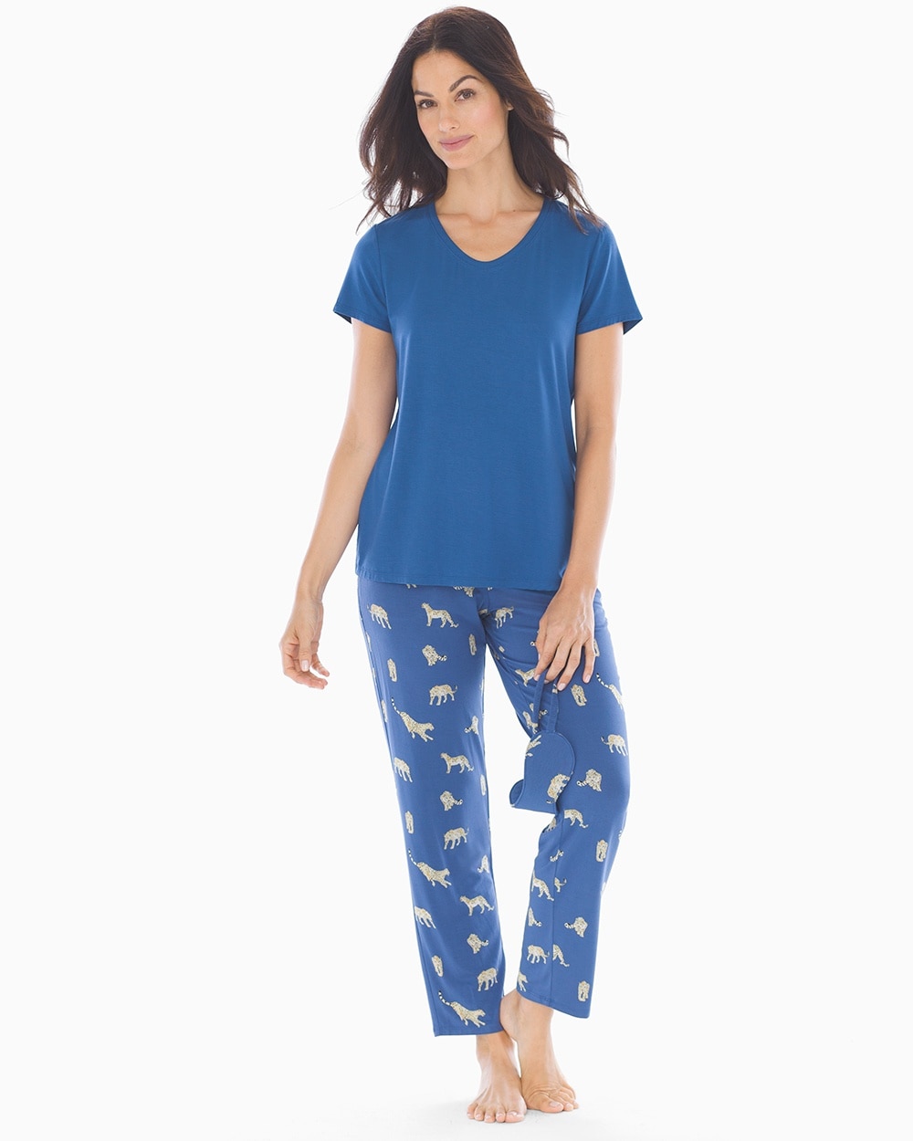 Cool Nights V-Neck Short Sleeve Ankle Length Pajama Set with Eyemask\u00A0Prowling Leopard with Duches