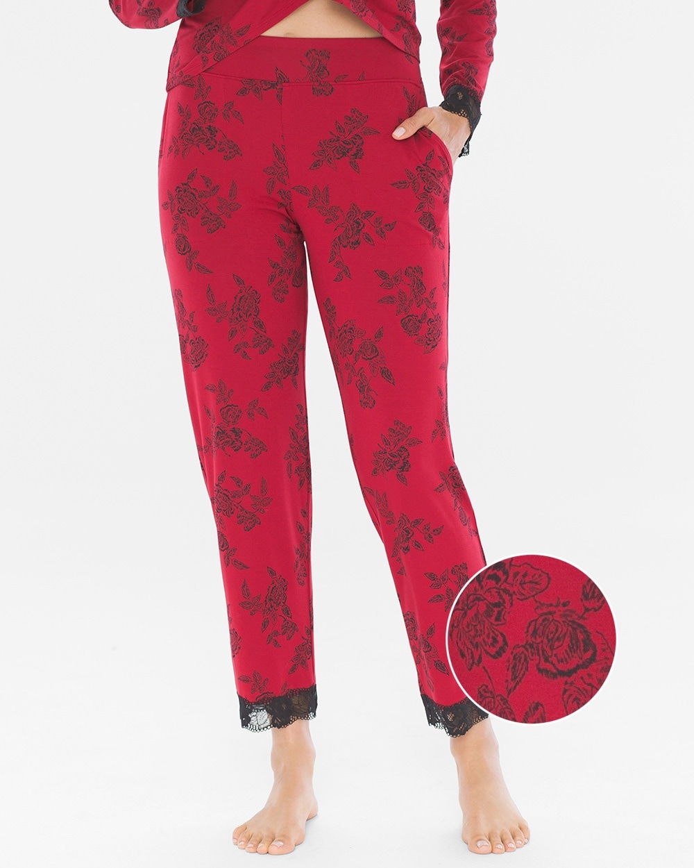Cool Nights Signature Lace Ankle Pajama Pants Lace Floral Red