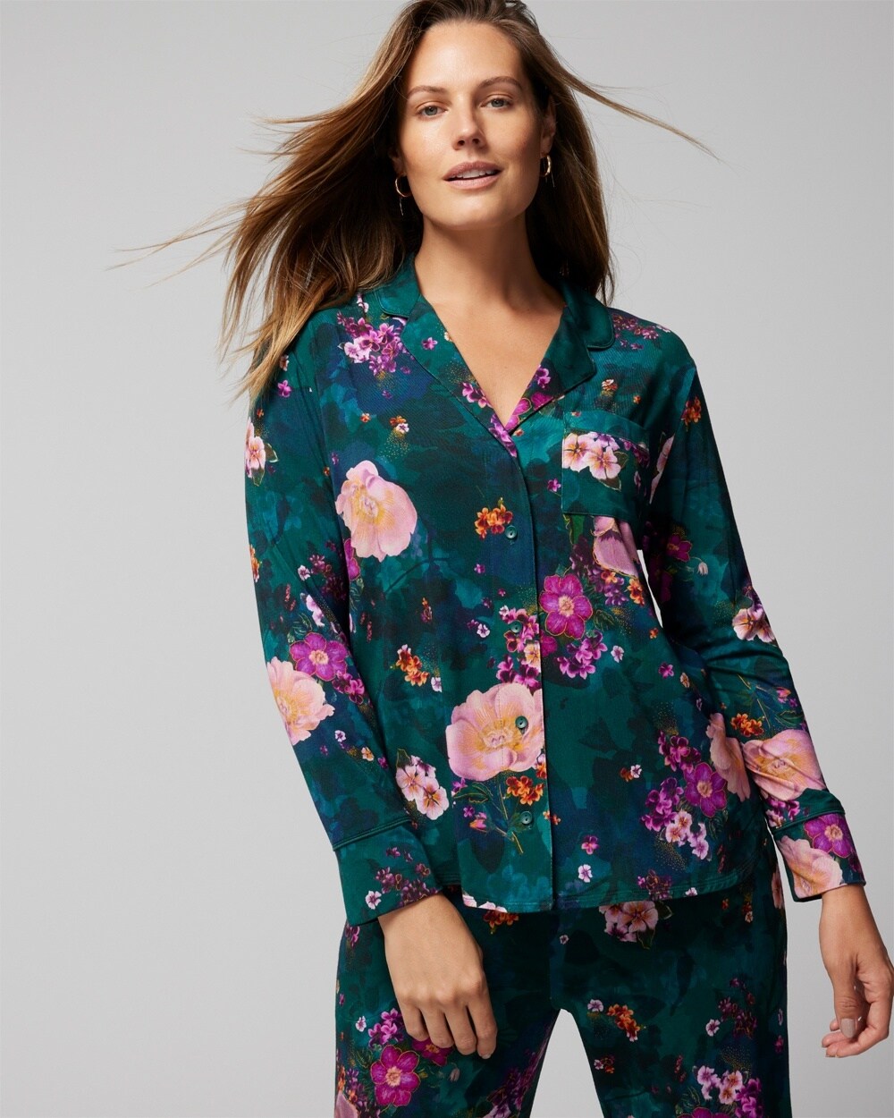 Cool Nights Long-Sleeve Notch Collar Pajama Top - WA