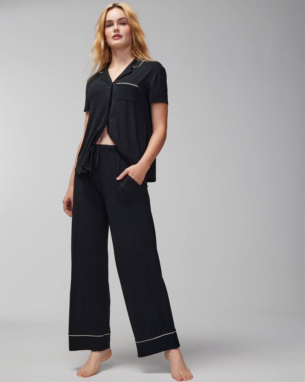 Soma Women's Cool Nights Piped Pajama Pants In Solid Black Size Large Petite | Mother's Day Pajamas In Black