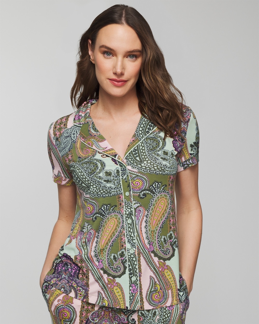 Soma Women's Cool Nights Printed Short Sleeve Notch Collar In Green Paisley Size Small |