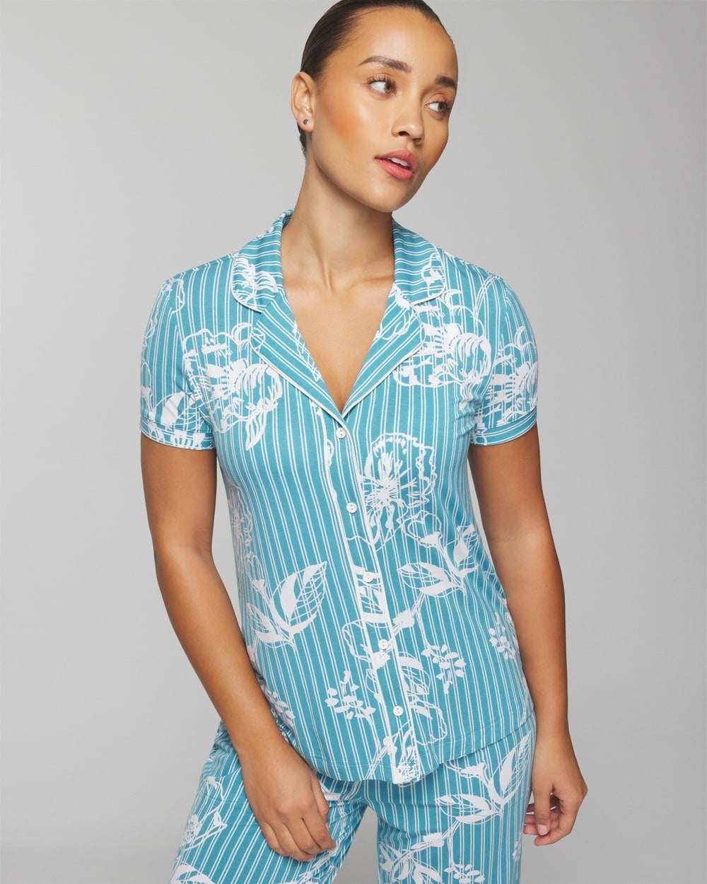 Soma Women's Cool Nights Printed Short Sleeve Notch Collar In Light Blue Size Large |