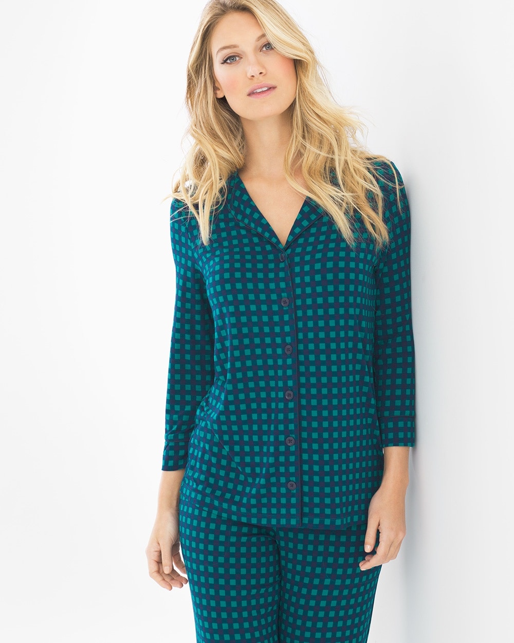 Cool Nights Notch Collar Pajama Top Arbor Plaid Green Envy