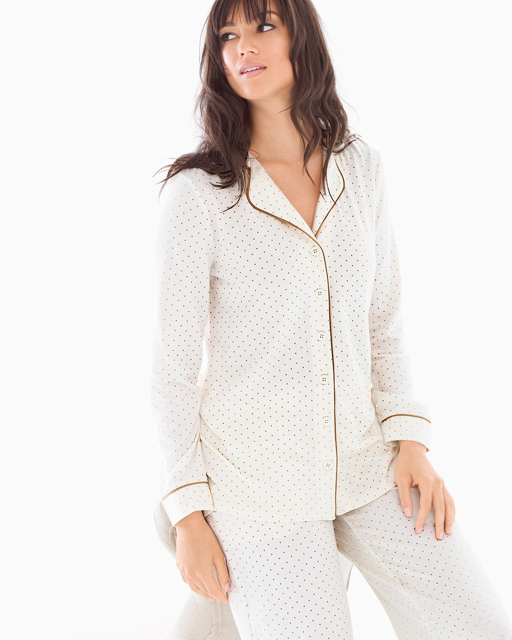 Embraceable Long Sleeve Notch Collar Pajama Top Pin Dot Gold Foil Ivory