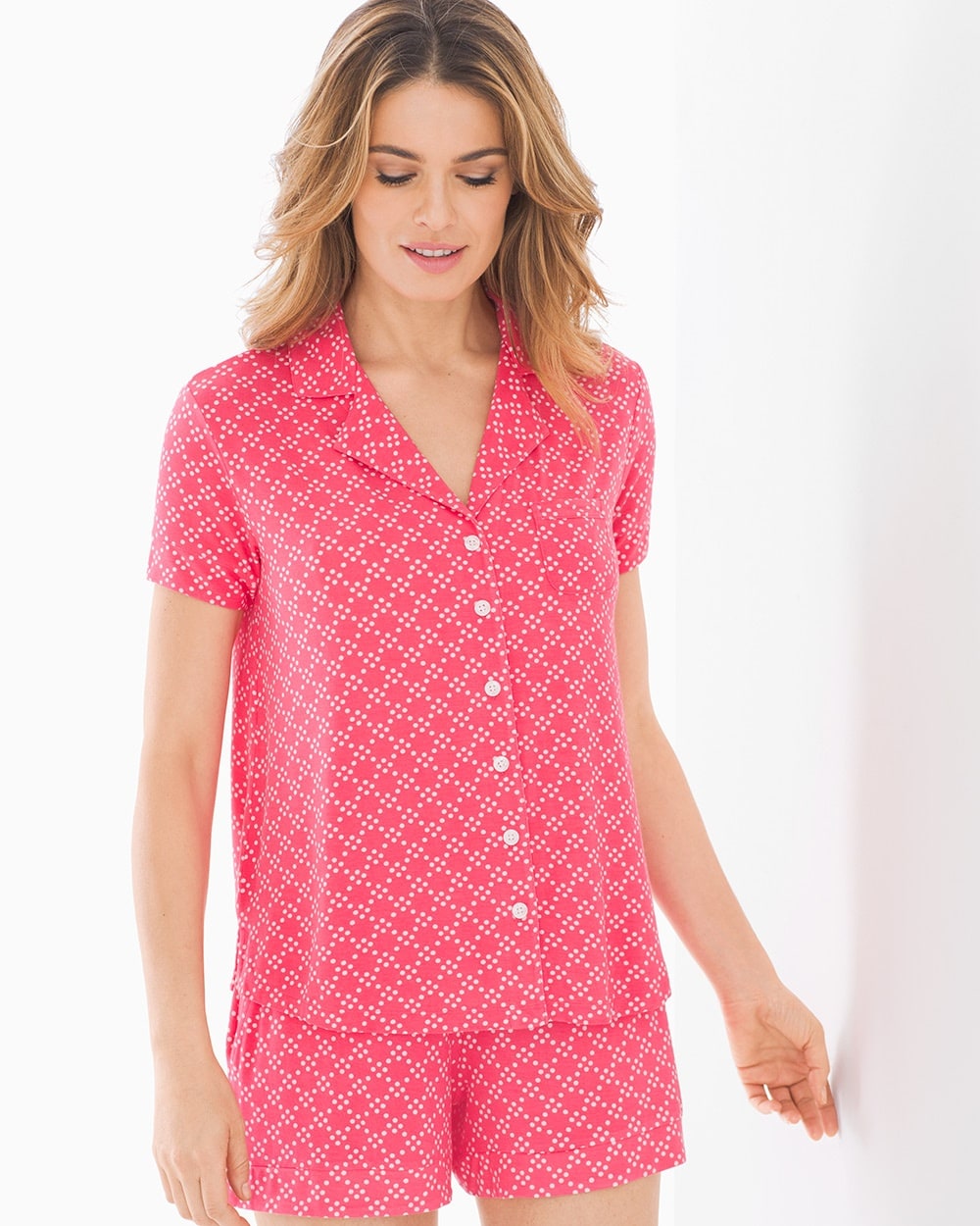 Cool Nights Short Sleeve Notch Collar Pajama Top Trellis Dot Rouge