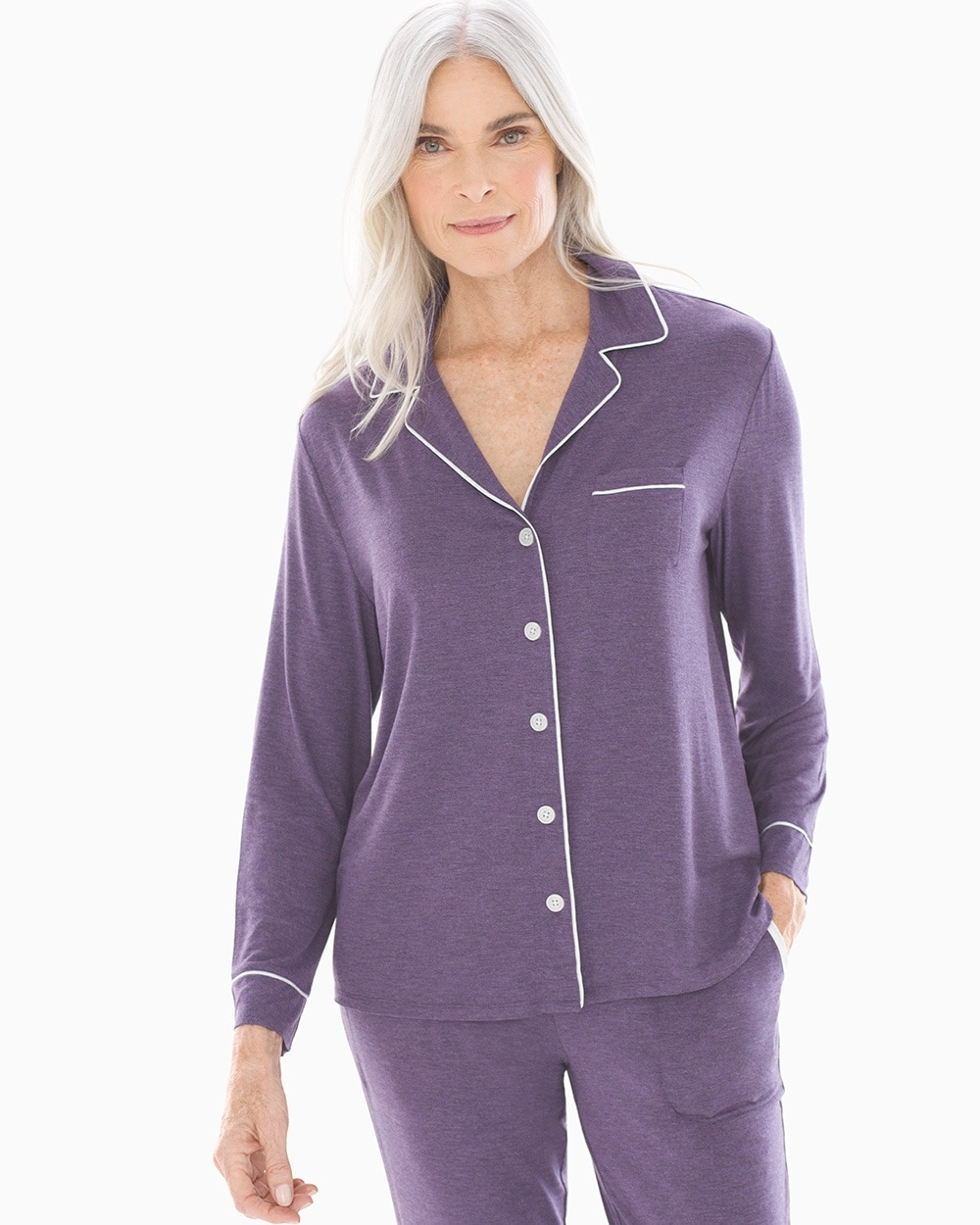Cool Nights Long Sleeve Notch Collar Pajama Top Heather Black Violet