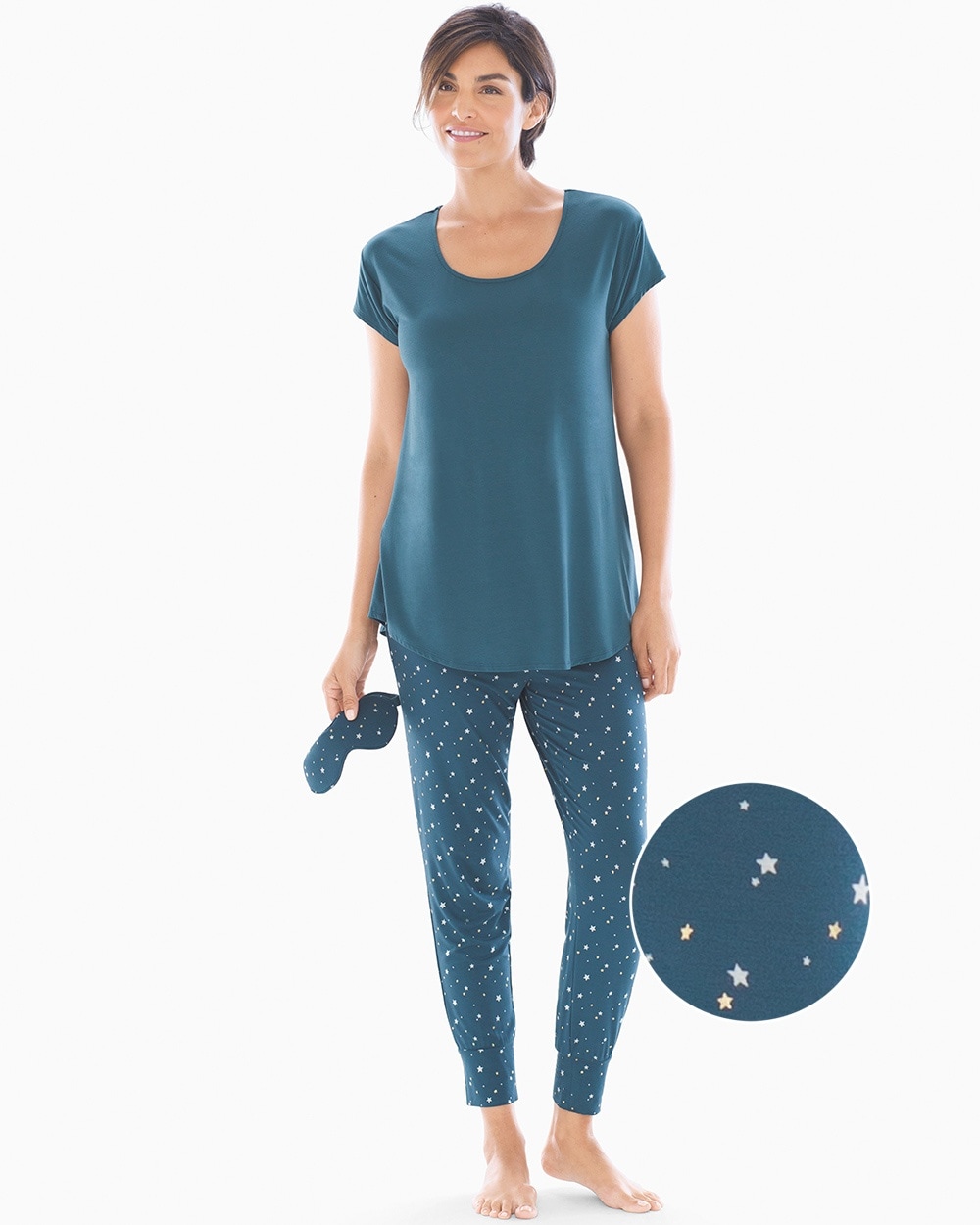 Cool Nights Short Sleeve Banded Ankle Pajama Set With Eye Mask Celestial Shadow Blue