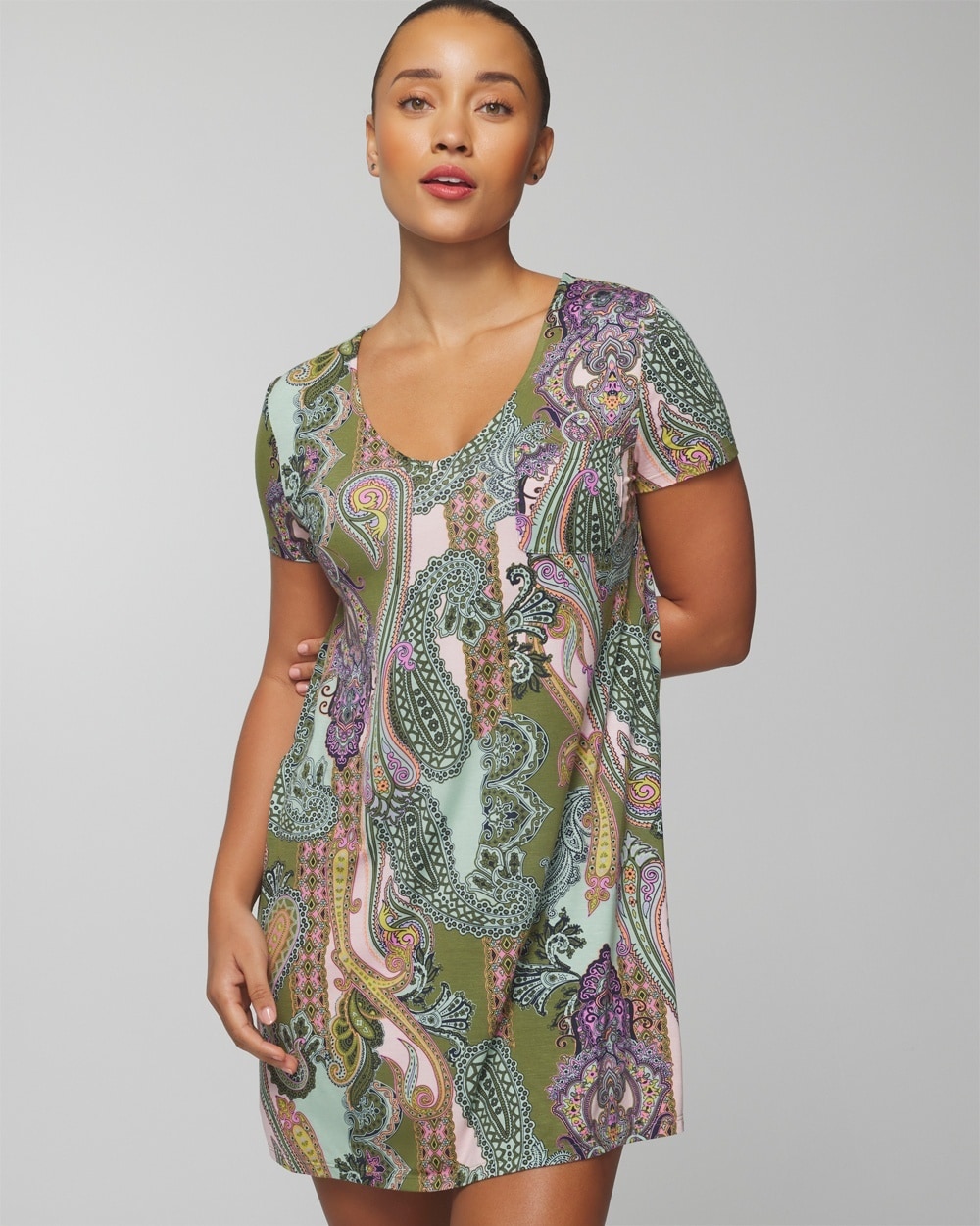 SOMA WOMEN'S COOL NIGHTS SHORT SLEEVE NIGHT GOWN IN GREEN PAISLEY SIZE XS | SOMA