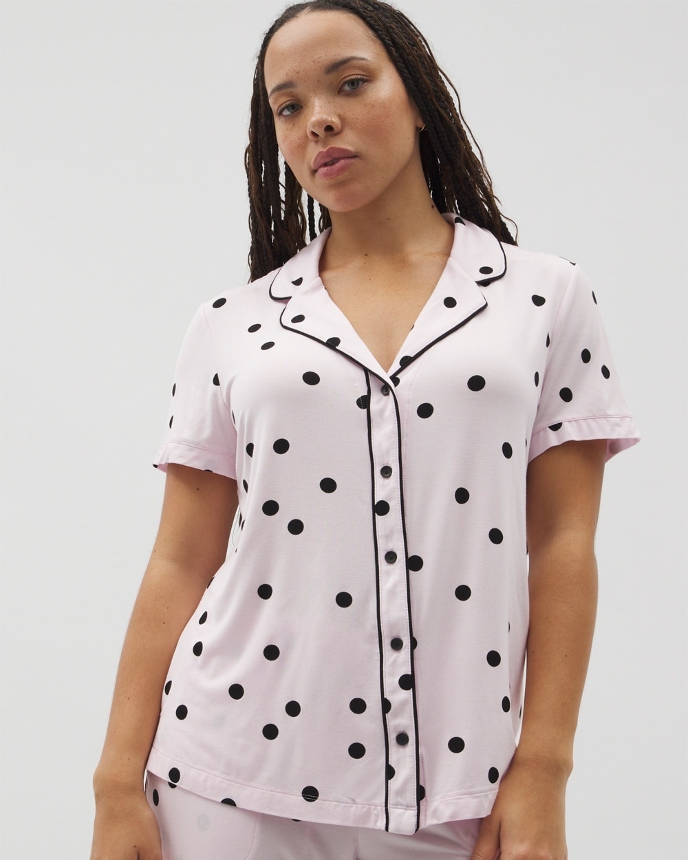 Cool Nights Piped Short Sleeve Notch Collar Pajama Top