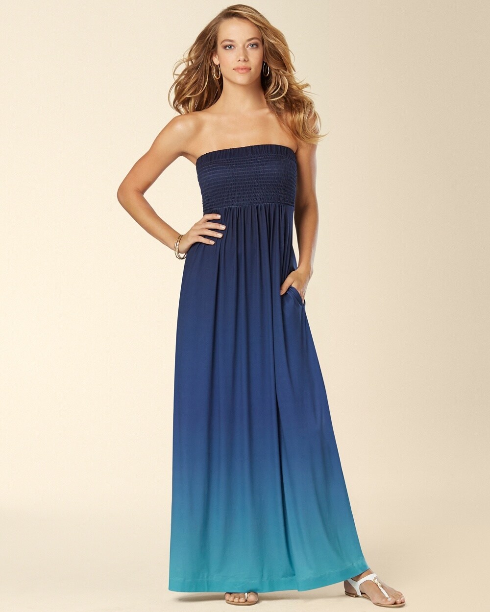 Smocked Strapless Maxi Dress Serene Ombre Blue RG