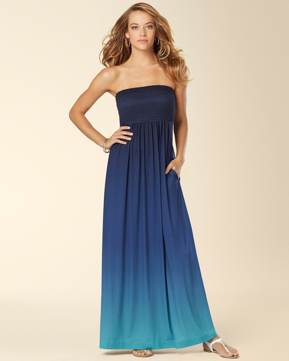 Smocked Strapless Maxi Dress Serene Ombre Blue