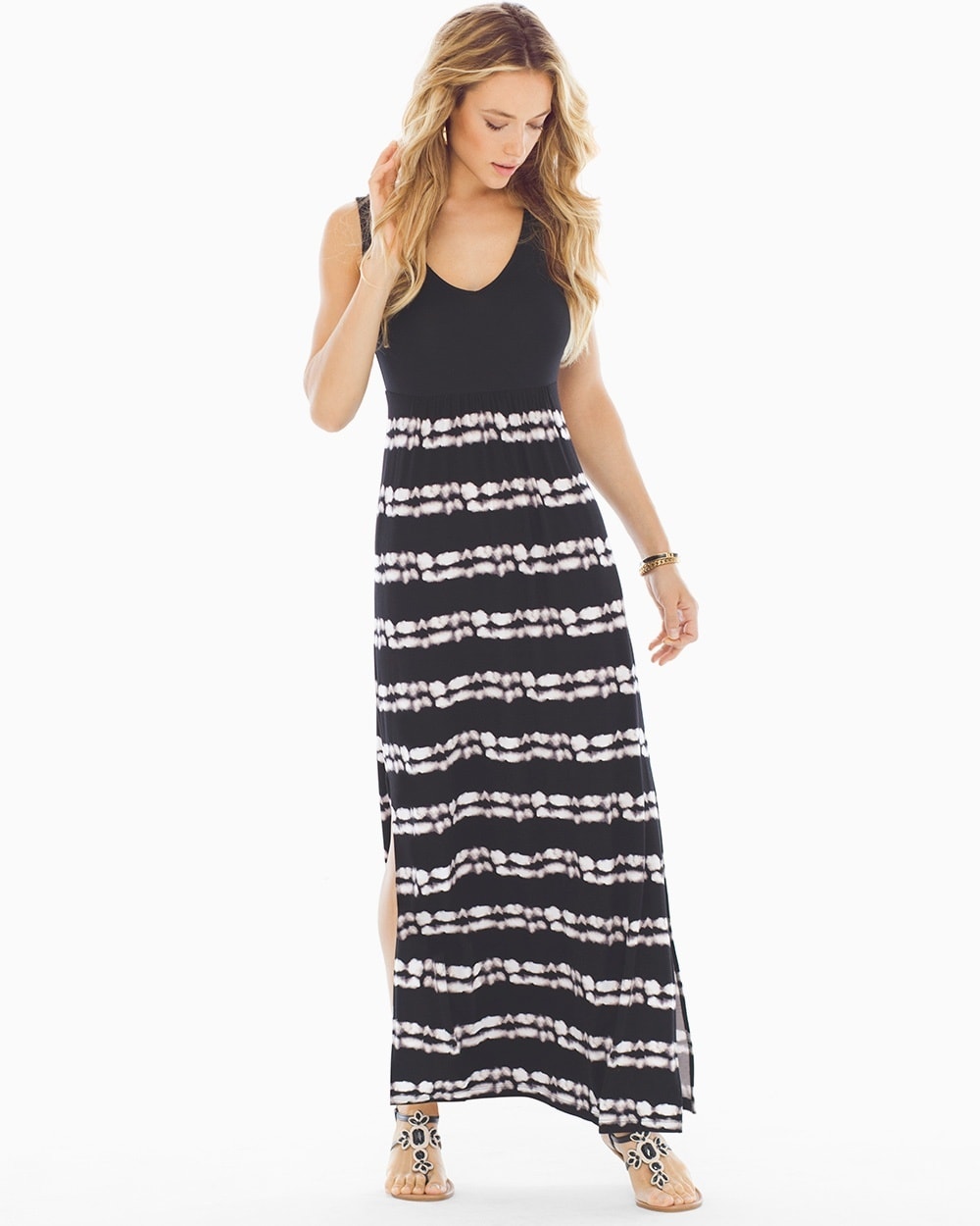 Side-Slit Draped Maxi Dress Infused Stripe Black