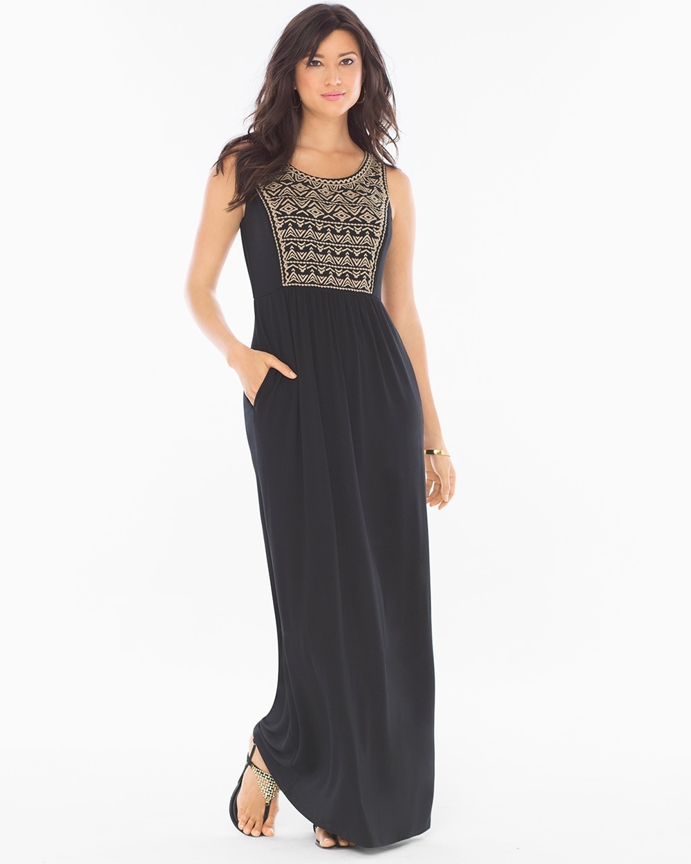 Embroidered Maxi Dress Black With Soft Tan Embroidery