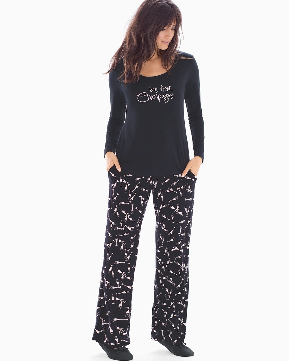 Cool Nights Scoopneck Long Sleeve Pajama Set Pass The Bubbly Black SH
