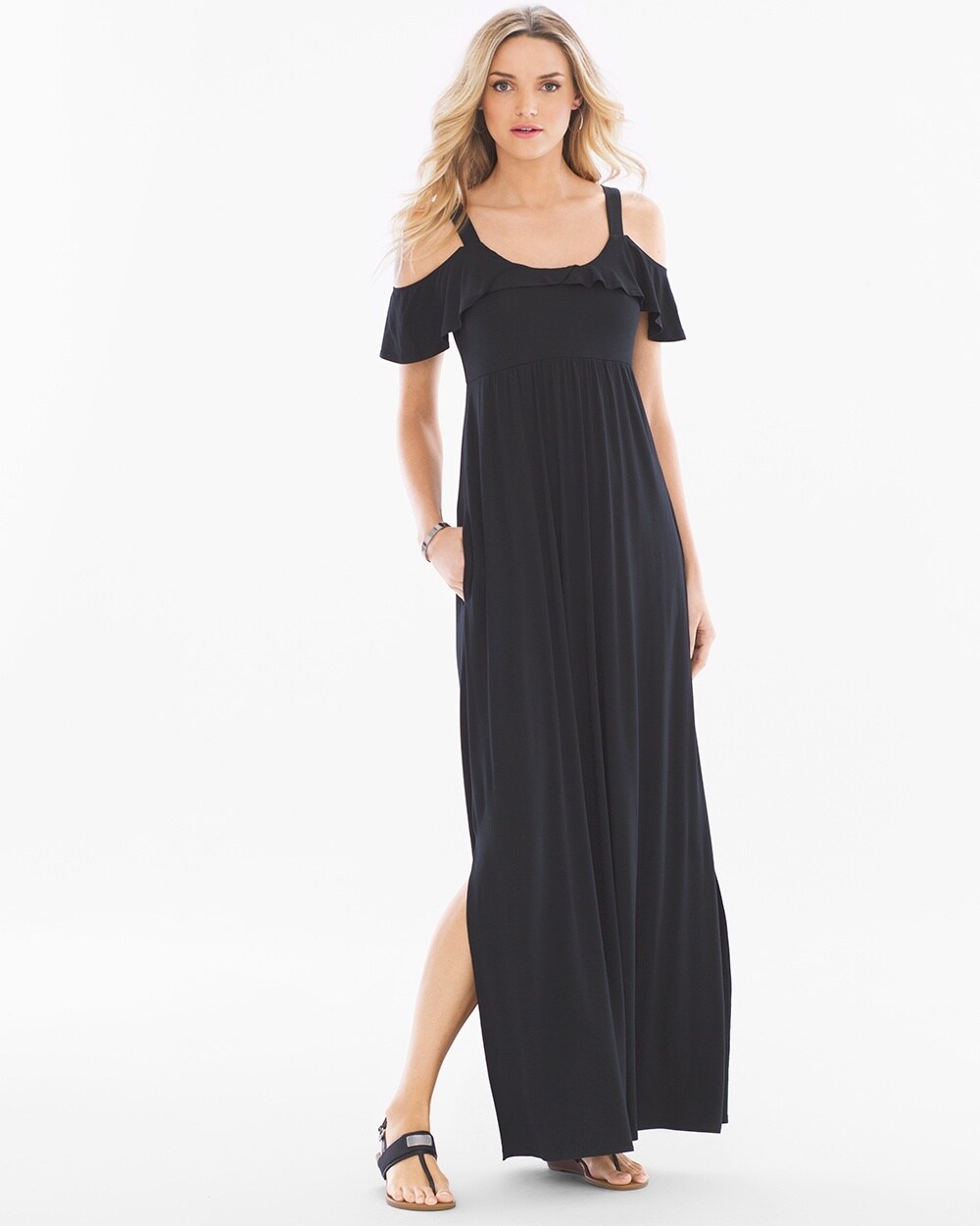 Soft Jersey Flounce Cold Shoulder Maxi Dress