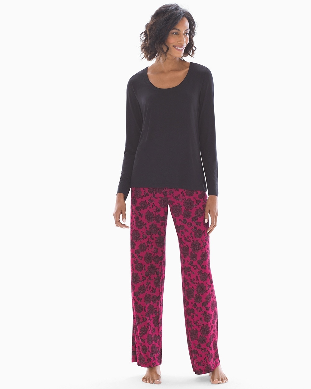 Cool Nights Scoopneck Long Sleeve Pajama Set Elegant Lace-Black TL