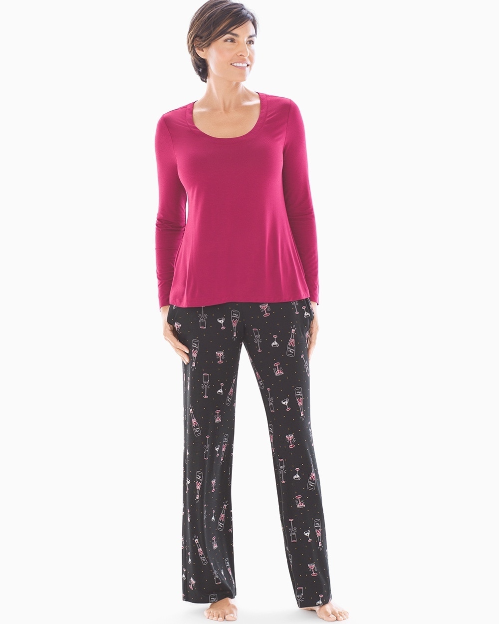 Cool Nights Scoopneck Long Sleeve Pajama Set Prosecco Please with Cranberry