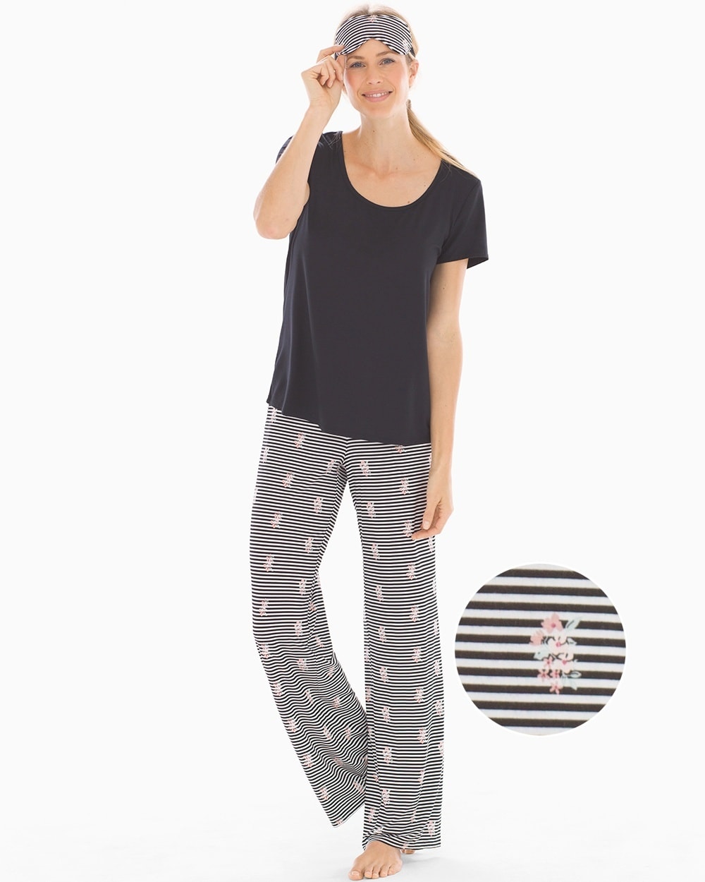 Cool Nights Short Sleeve Pajama Set With Eye Mask Fleur Stripe W Black TL