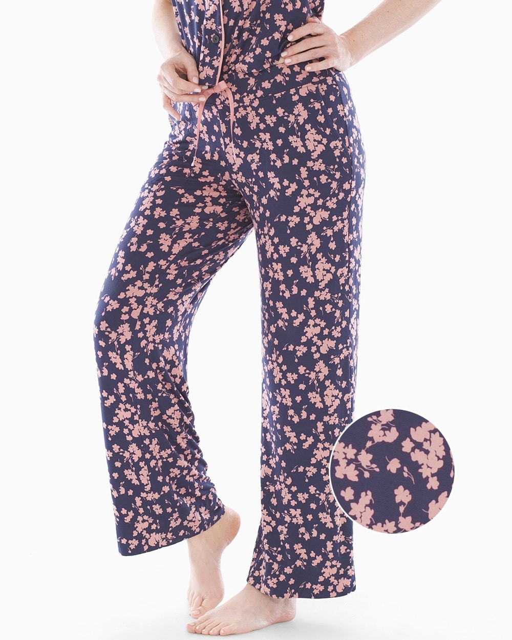 Cool Nights Grosgrain Trim Pajama Pants Falling Floral Mini Navy RG