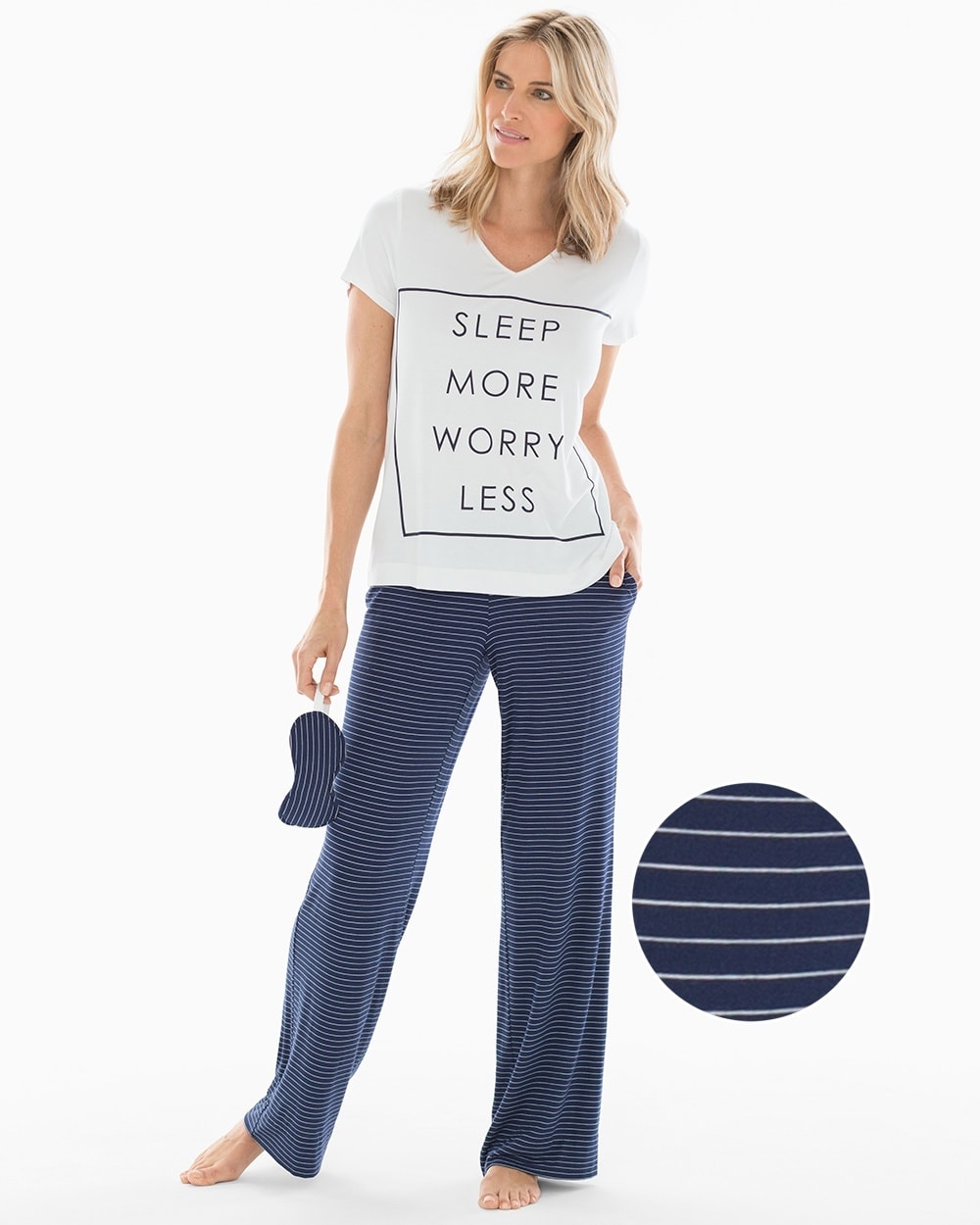 Cool Nights V-Neck Short Sleeve Pajama Set with Eyemask Journey Stripe W White TL
