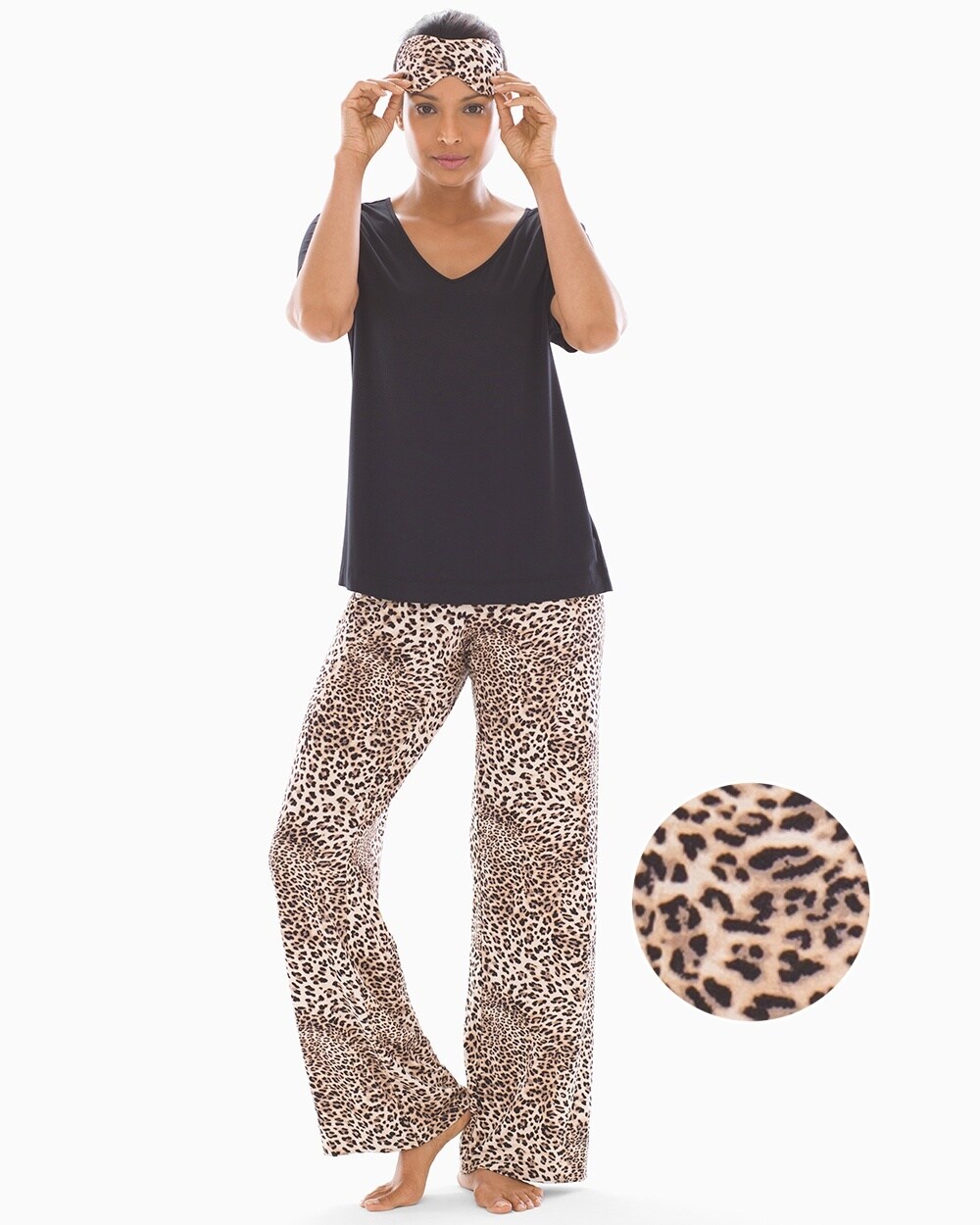 Cool Nights V-Neck Short Sleeve Pajama Set with Eyemask Purrfect W Black SH