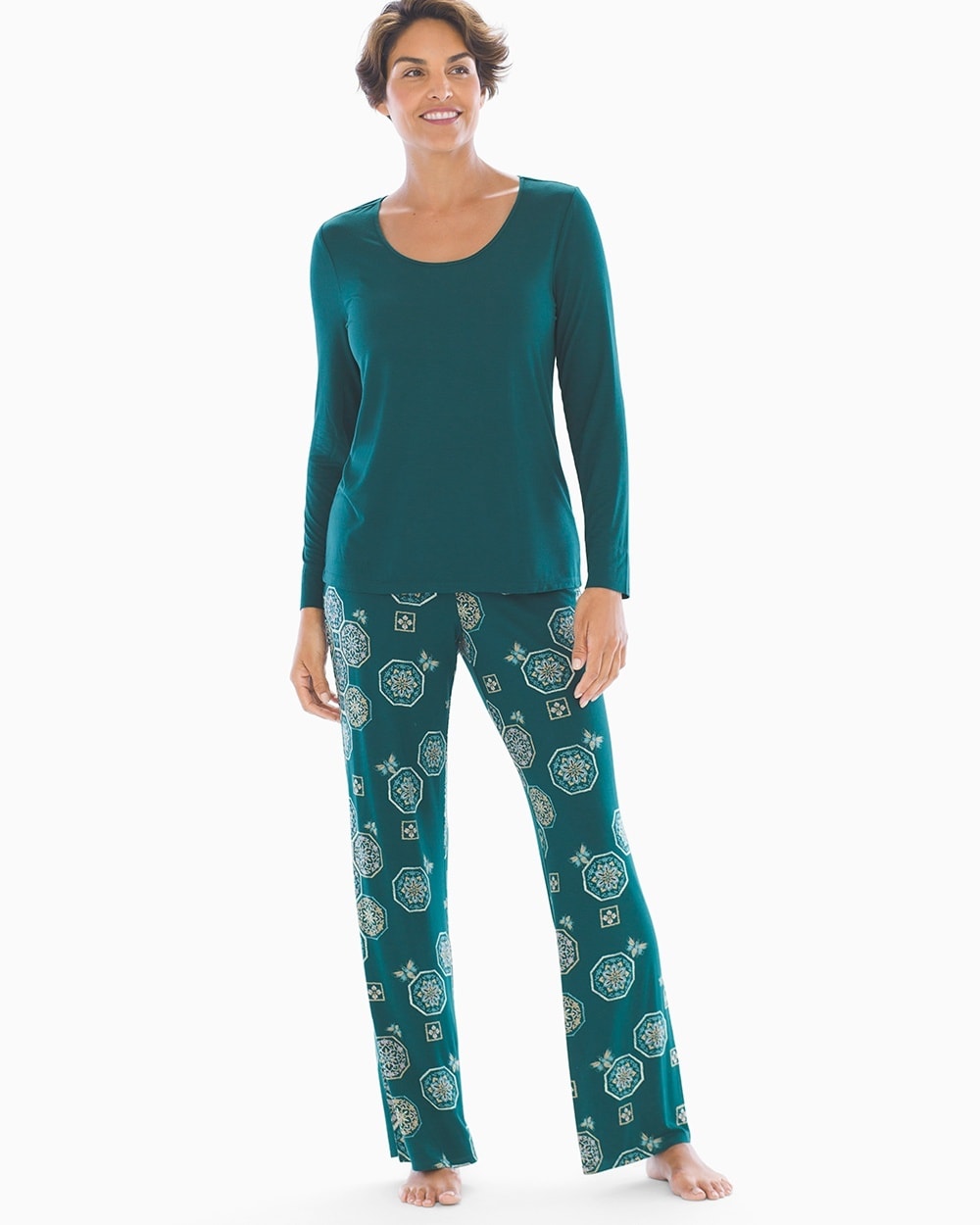 Cool Nights Long Sleeve Pajama Set Floral Tiles with Jasper Green