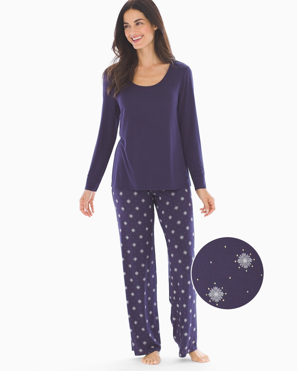 Cool Nights Long Sleeve Pajama Set Snowflakes with Navy