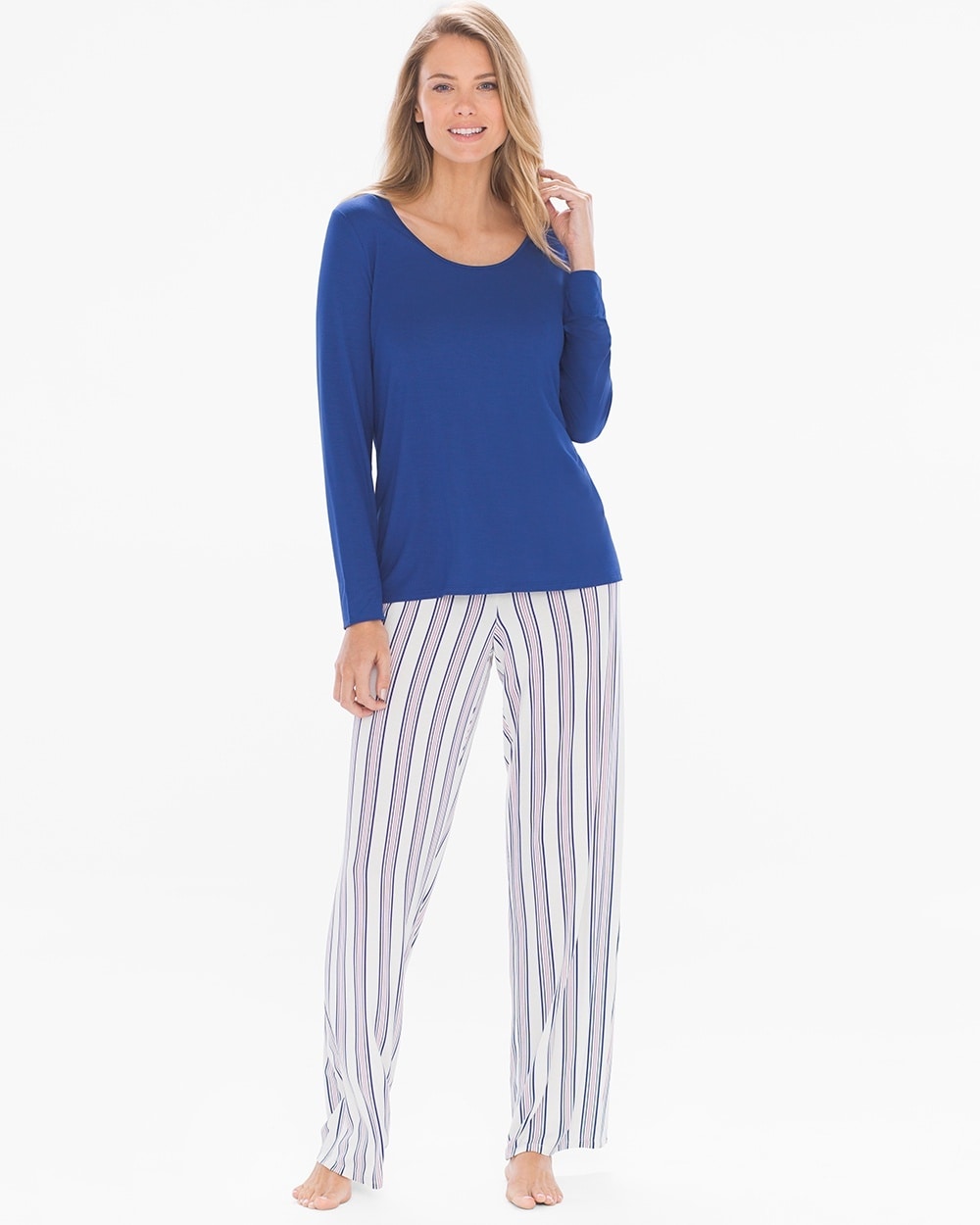 Cool Nights Long Sleeve Pajama Set Noble Stripe Sapphire