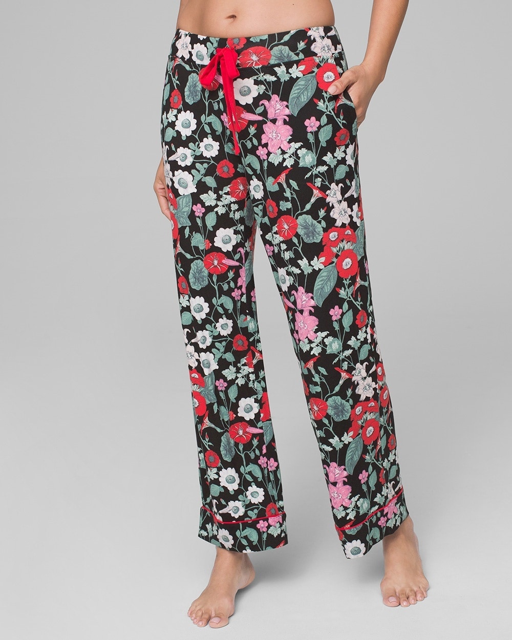 Cool Nights Satin Trim Pajama Pants Charming Floral Black RG