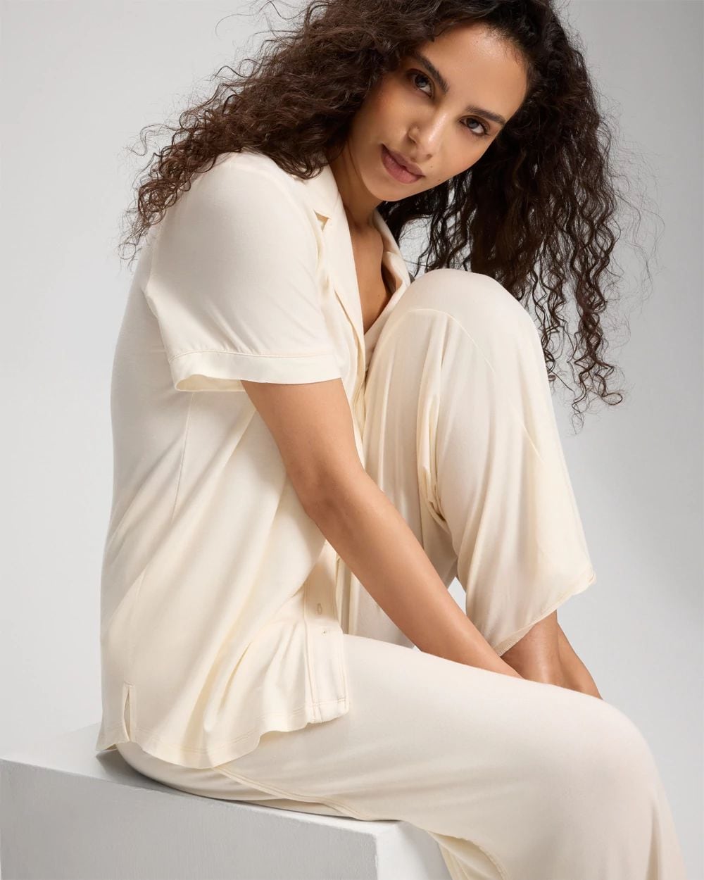 Cool Nights Piped Short Sleeve Notch Collar Pajama Top