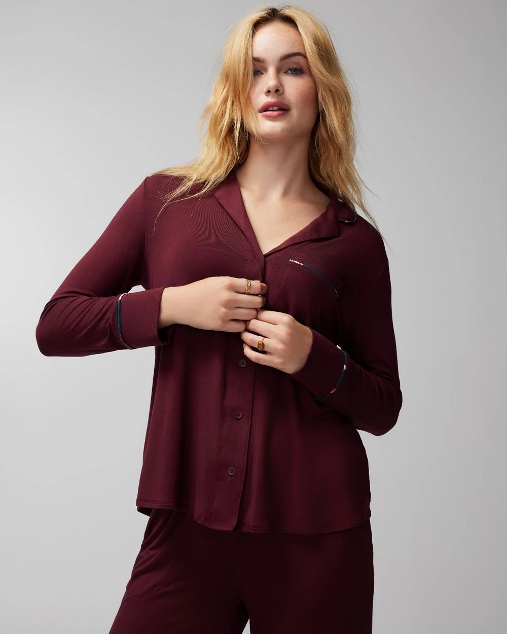 Long-Sleeve Notch Collar Pajama Top