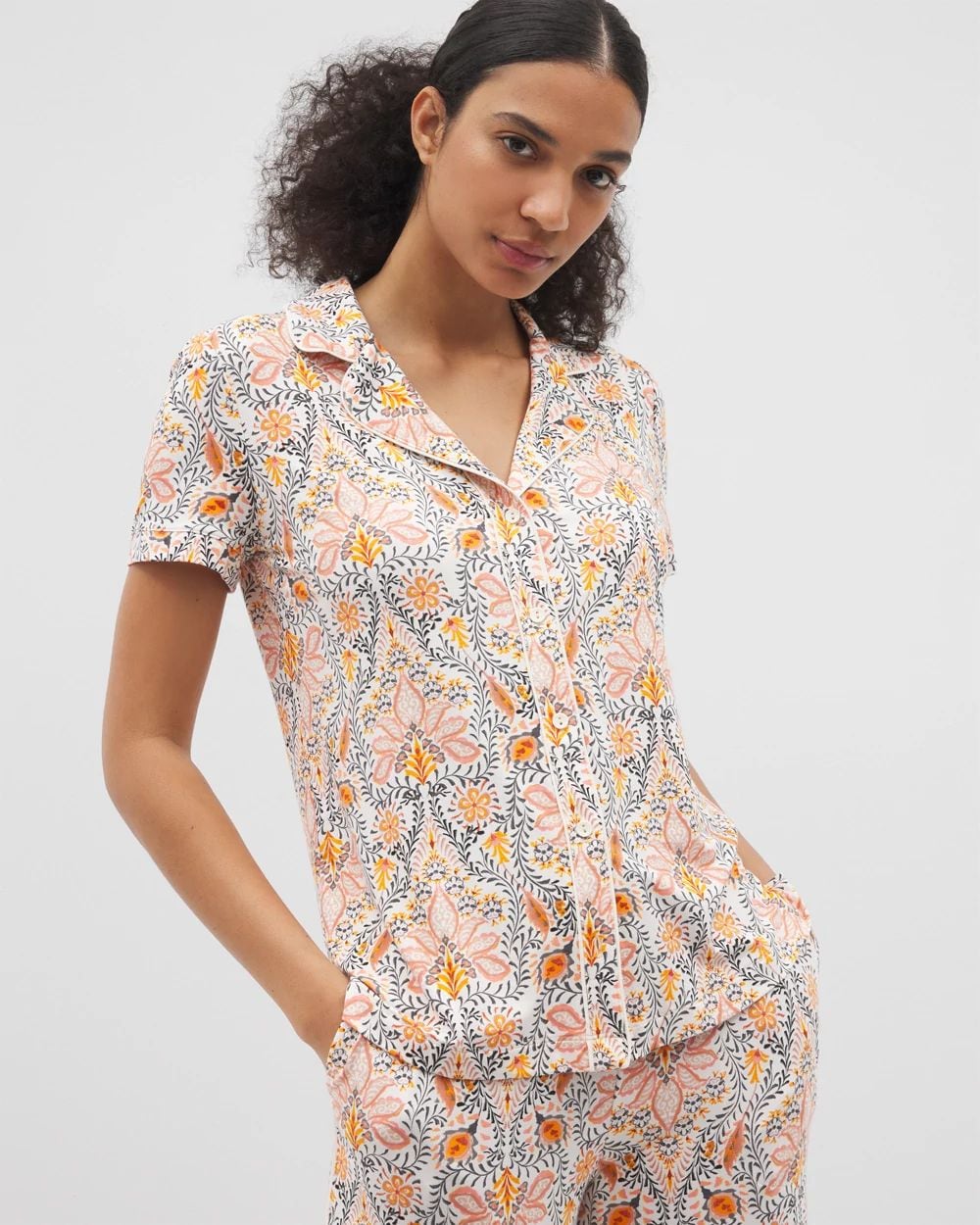 Cool Nights Piped Short Sleeve Notch Collar Pajama Top