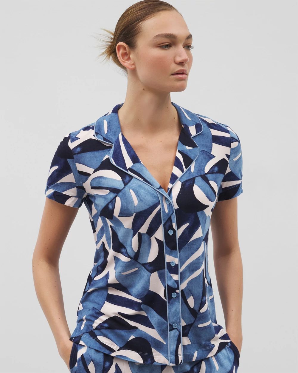 Piped Short Sleeve Notch Collar Pajama Top