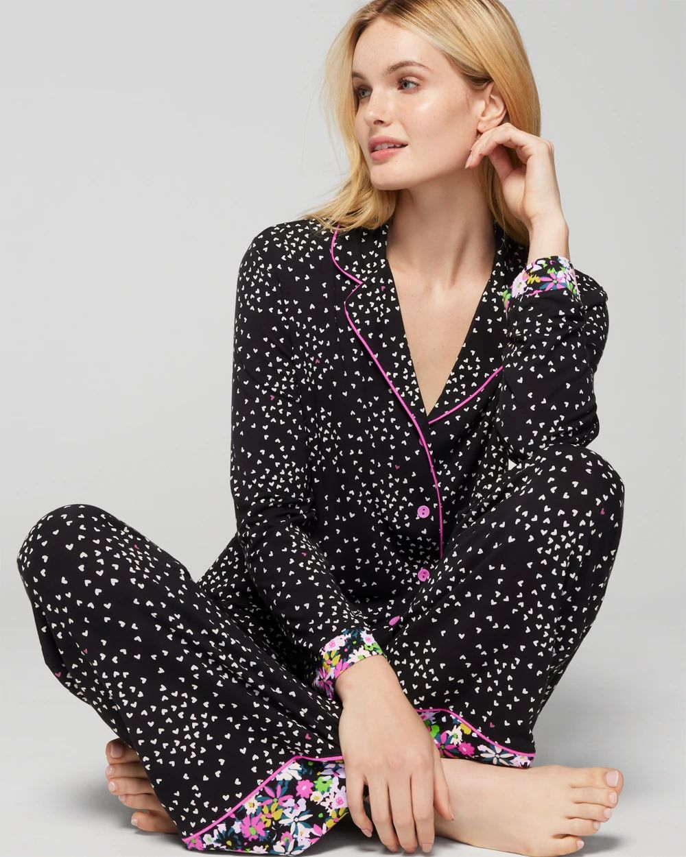Long-Sleeve Notch Collar Pajama Top