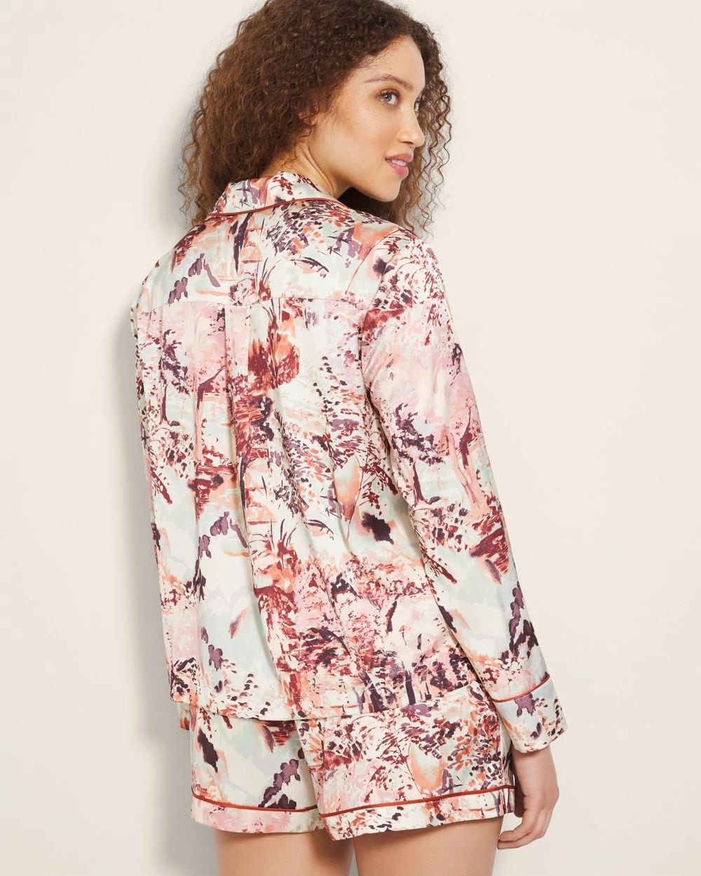 Satin Long-Sleeve Notch Collar Pajama Top