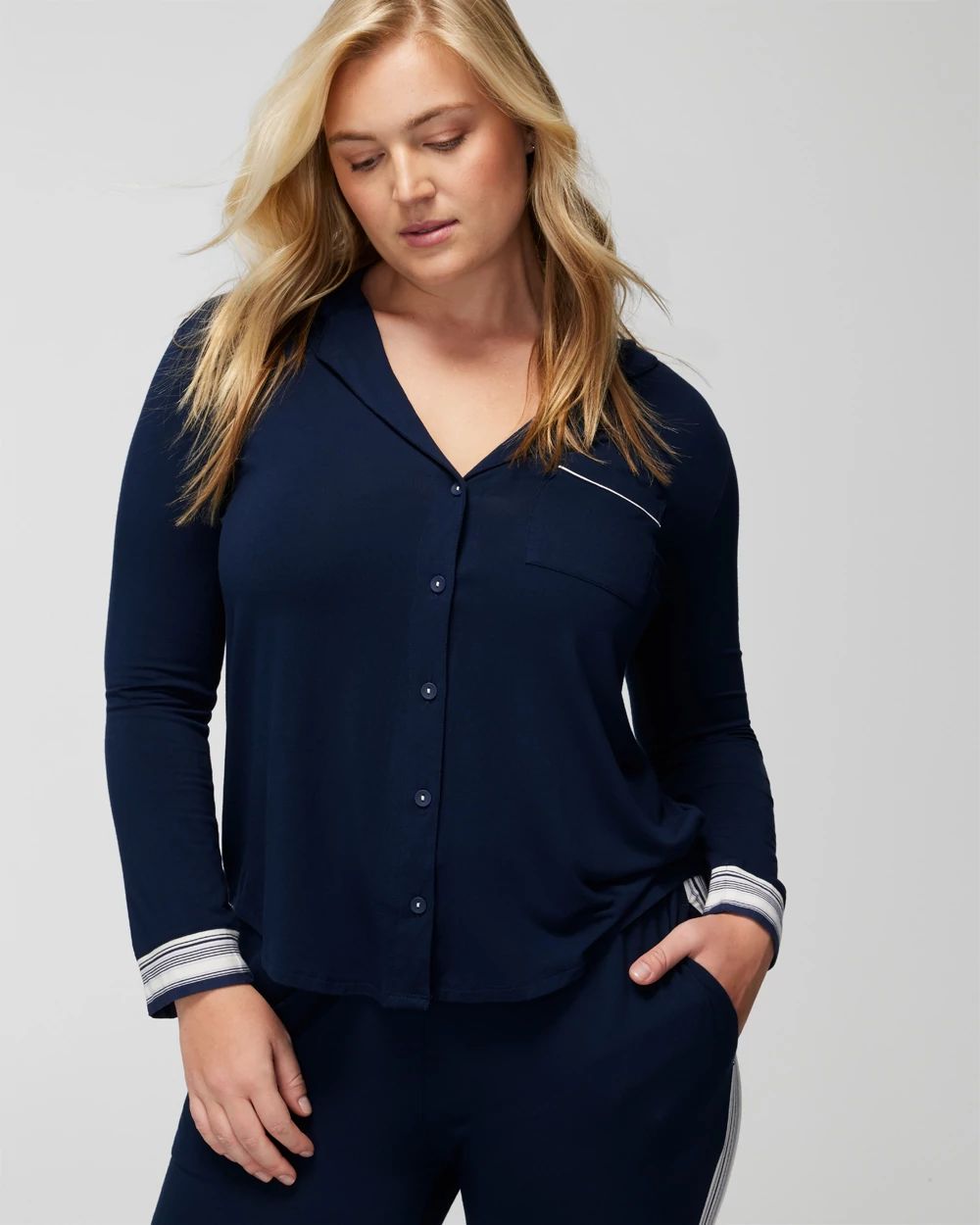 High-Low Long-Sleeve Notch Collar Pajama Top