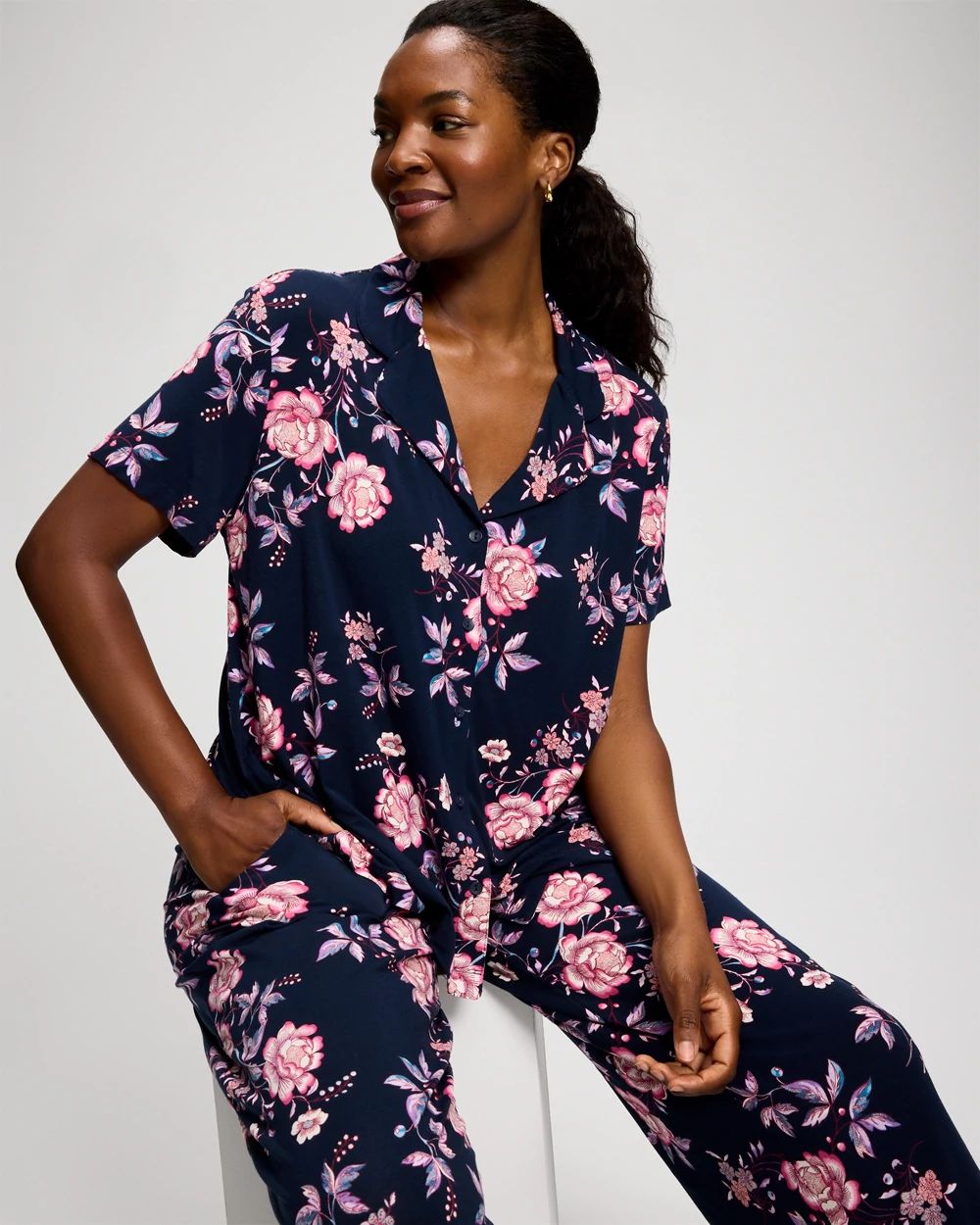 Short Sleeve Notch Collar Pajama Top click to view larger image.