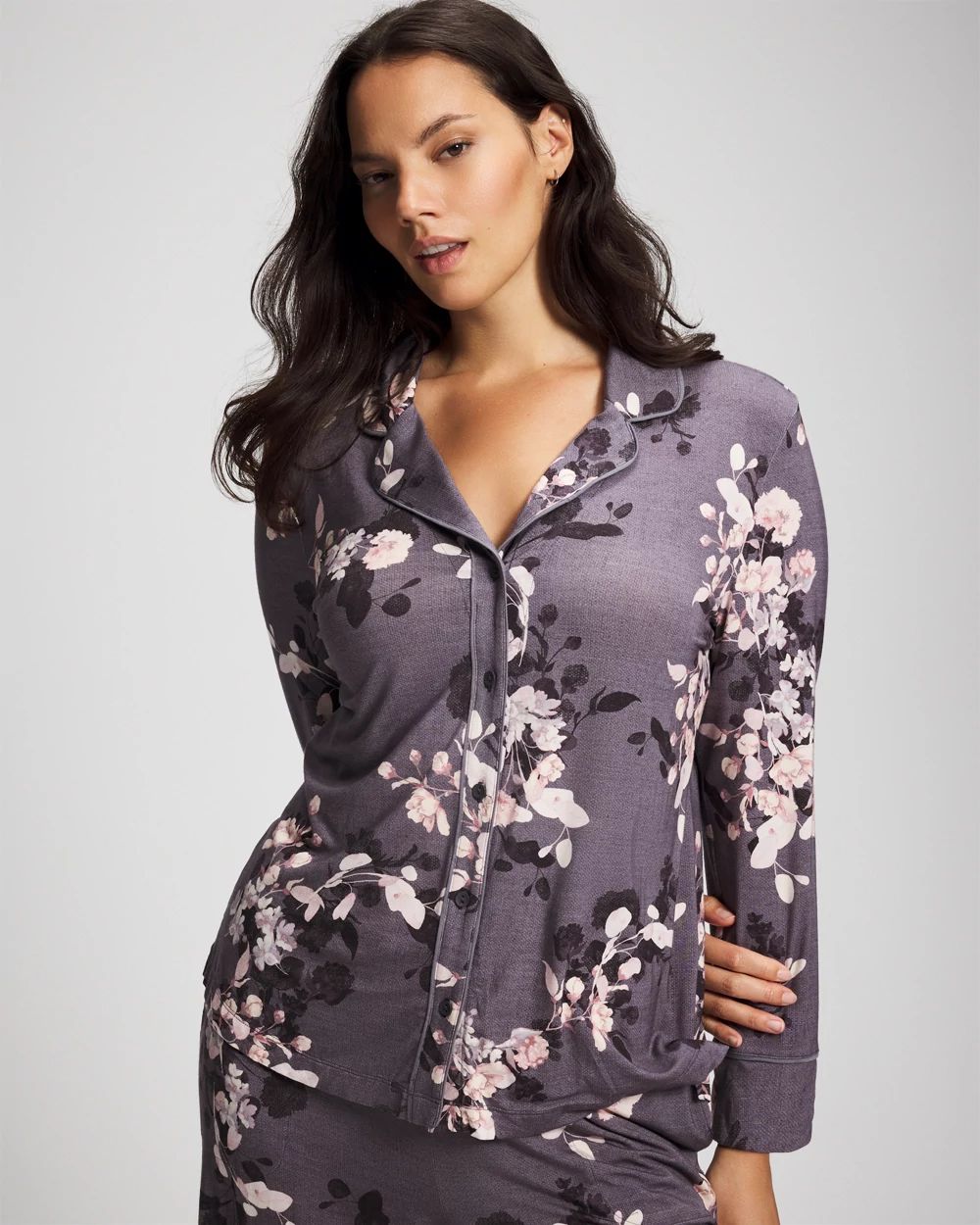 Long-Sleeve Printed Notch Collar Pajama Top