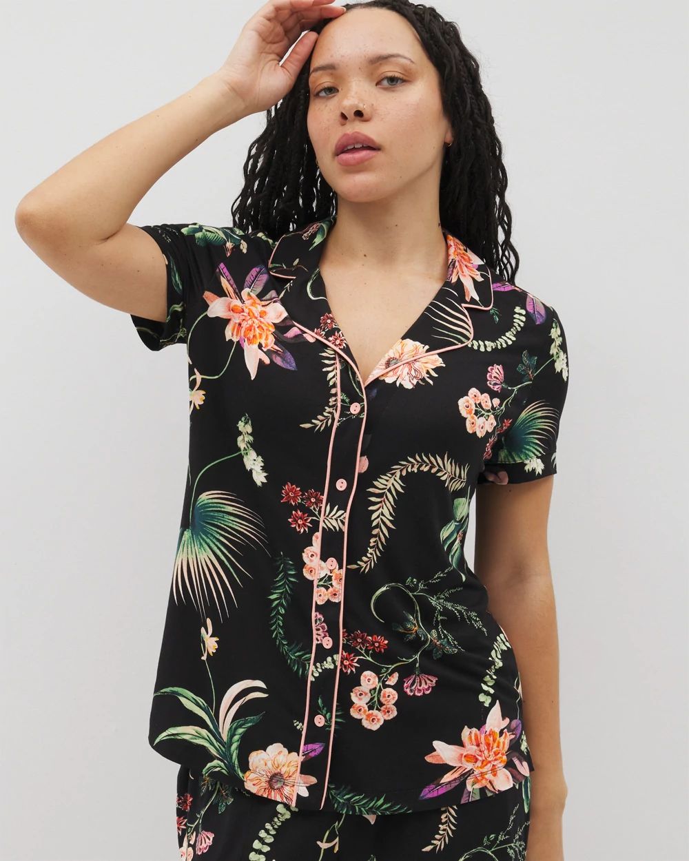 Cool Nights Piped Short Sleeve Notch Collar Pajama Top