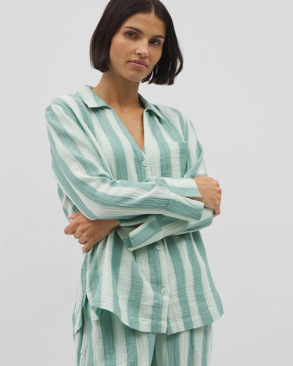 Cotton Gauze Long Sleeve Notch Collar Pajama Top
