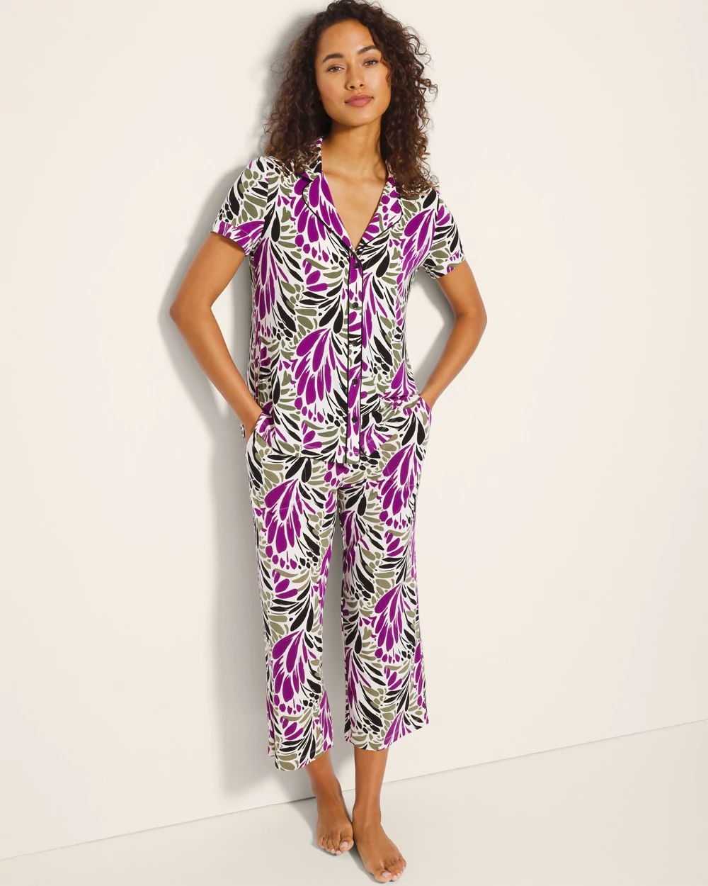 Cool Nights Piped Short Sleeve Notch Collar Pajama Top