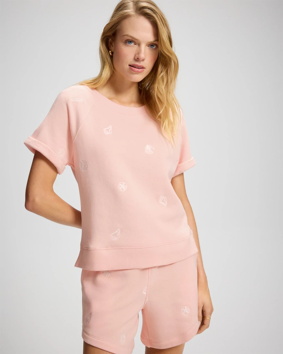 Soma Women's Cotton Terry Relaxed Short Sleeve Rolled Cuff Sweatshirt In Pink Size Xs | In Tidal Treasures Peach