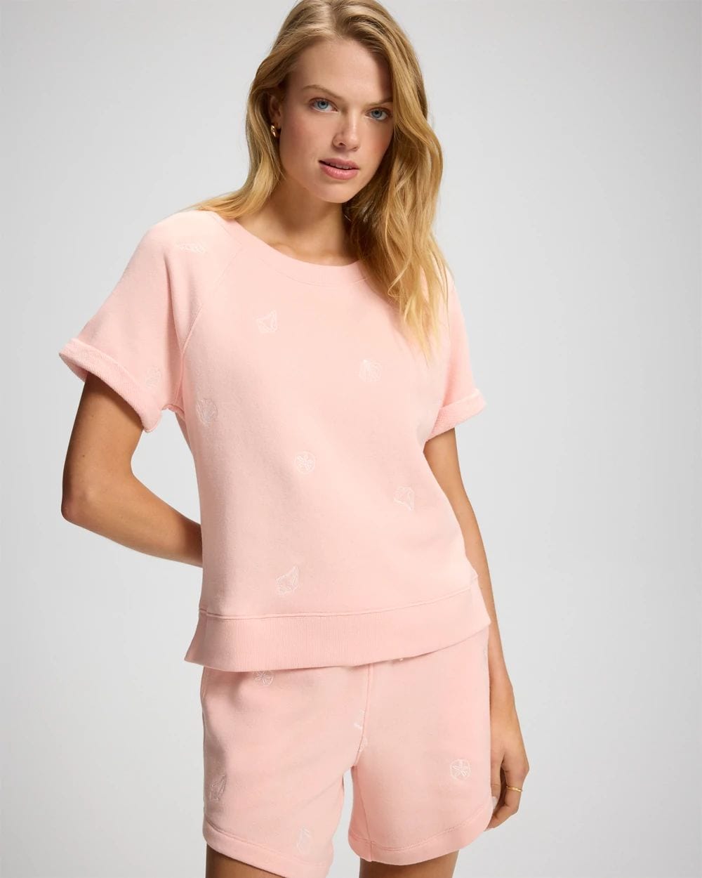 Cotton Terry Relaxed Short Sleeve Rolled Cuff Sweatshirt