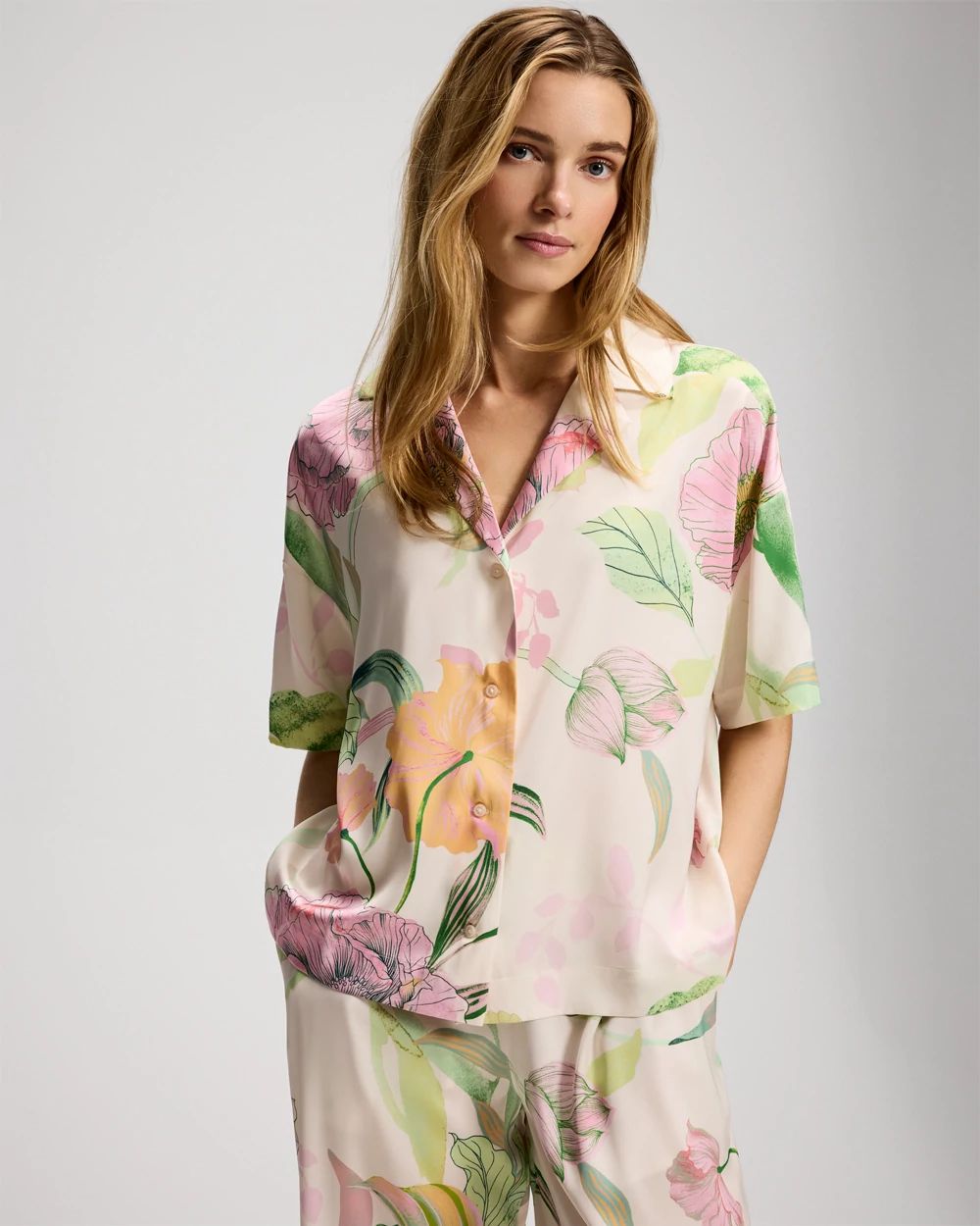 Satin Short Sleeve Notch Collar Pajama Top