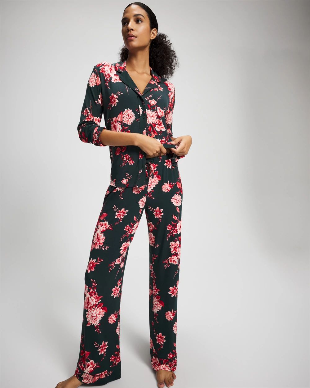 Cool Nights Long Sleeve Notch Collar with Piped Placket Pajama Top