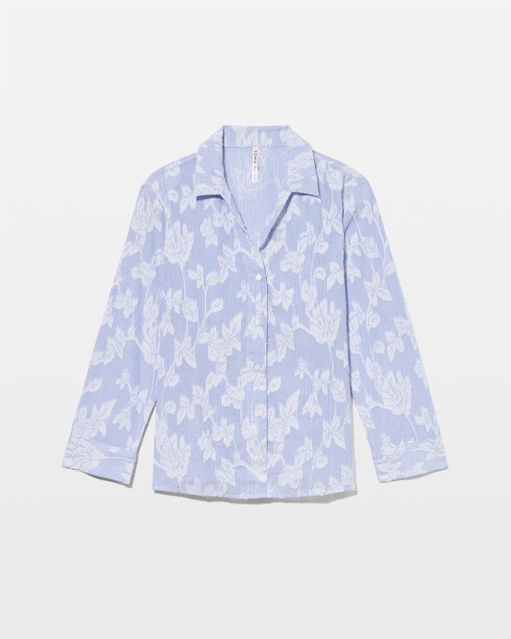 Cotton Striped Jacquard Long-Sleeve Notch Collar Pajama Top click to view larger image.