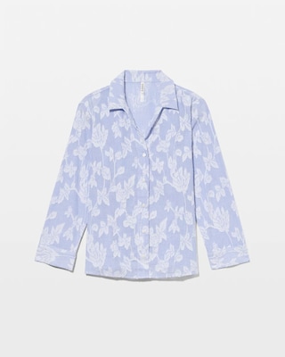 Cotton Striped Jacquard Long-Sleeve Notch Collar Pajama Top click to view larger image.