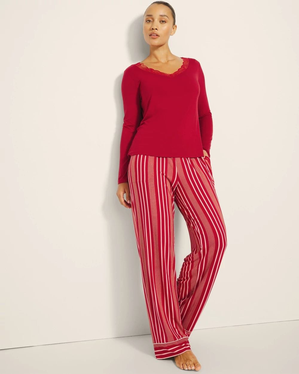 Cool Nights Lace Trim Long-Sleeve Pajama Top