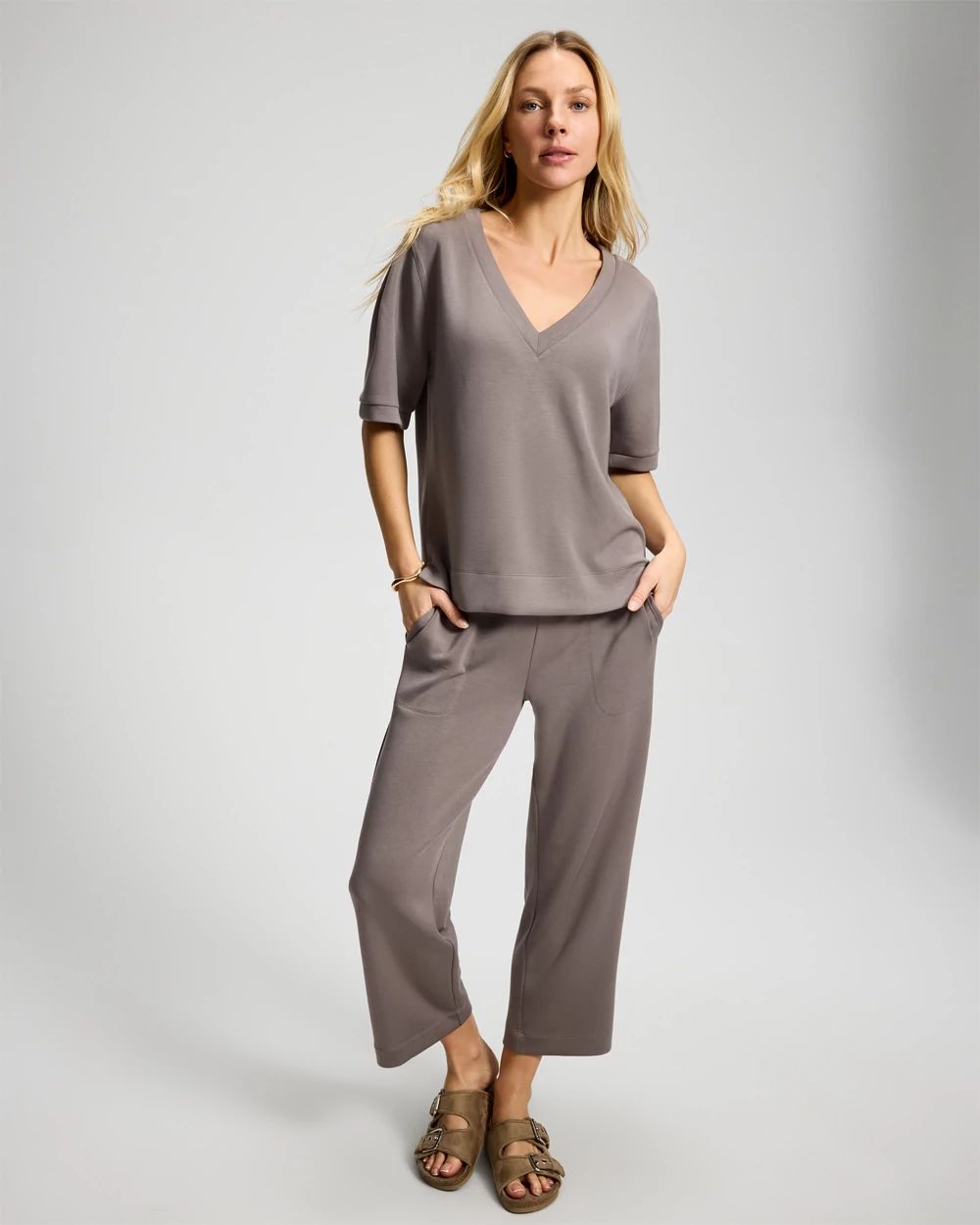 Modern Modal Puff Sleeve V-Neck Sweatshirt click to view larger image.